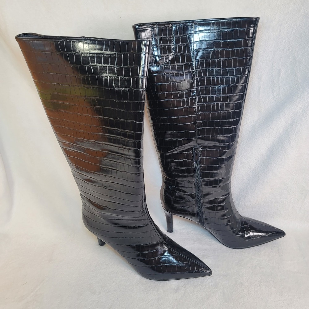 Equestrian Chic Stiletto Heel Dress Boots Over Calf Moc Croc Career 9.5‎ M Black